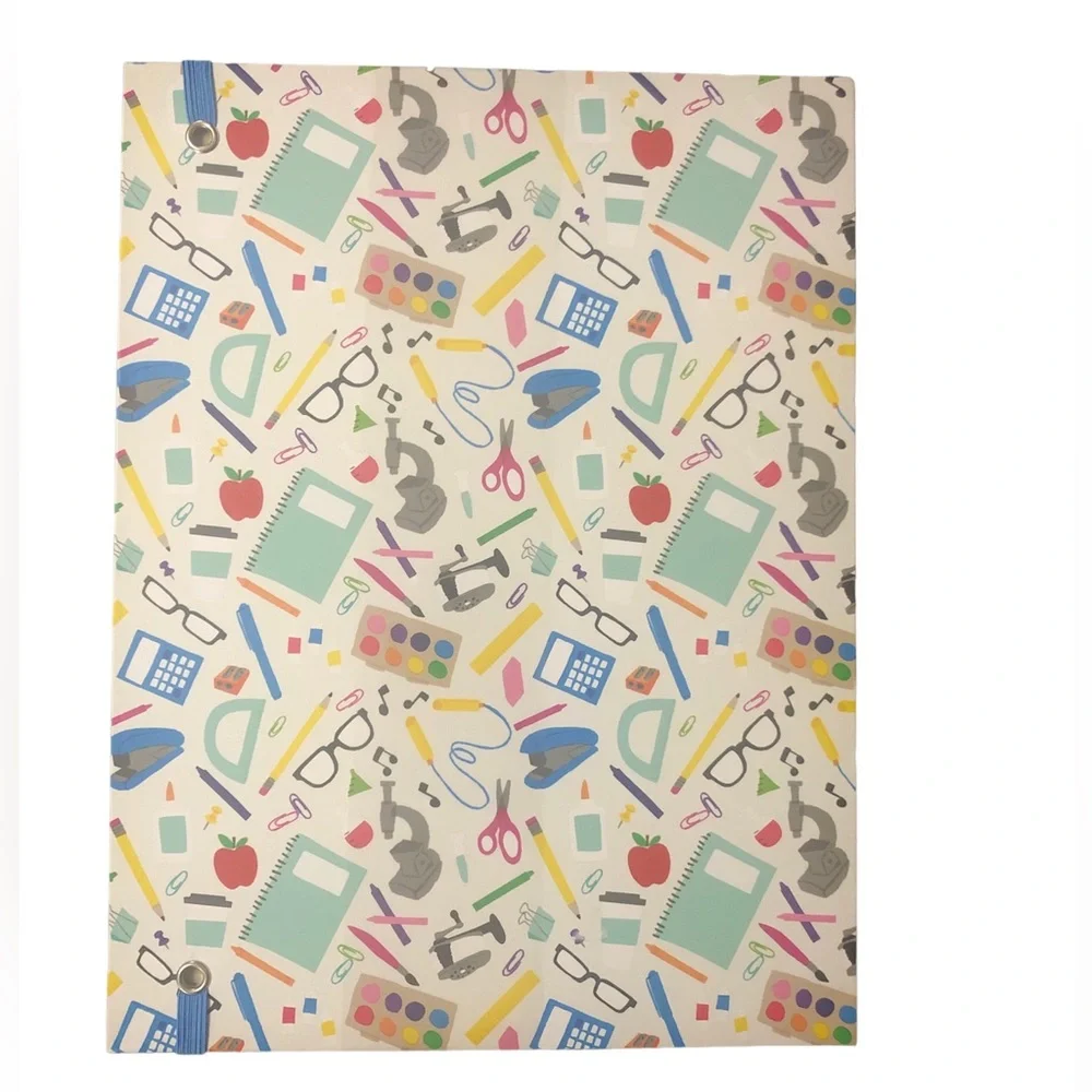 School supply themed hard cover portfolio with inner pocket and notepad